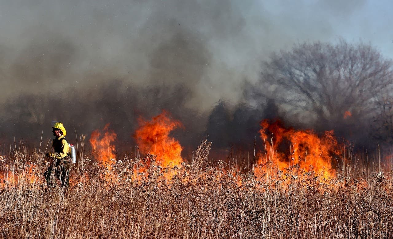 firefighter, fire, flames