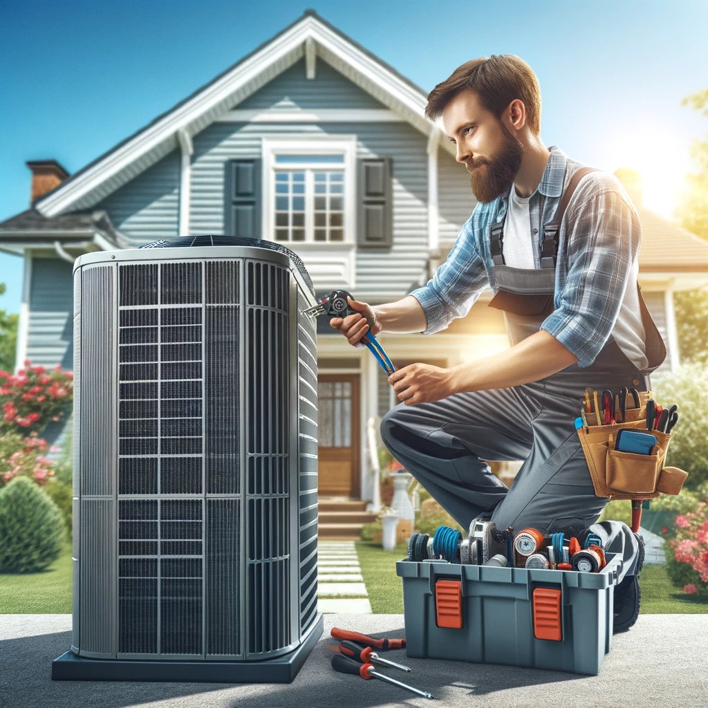 10 Essential Tips to Lower Your HVAC Energy Bills This Summer: Discover How a Summer AC Tune-up Can Save You Money 1 a professional HVAC technician performing a tune-up on a modern, energy-efficient air conditioning unit. This scene captures the essence of professional AC maintenance and the importance of energy efficiency in home cooling systems, set against the backdrop of a bright, Summer ac tune-up summer day.