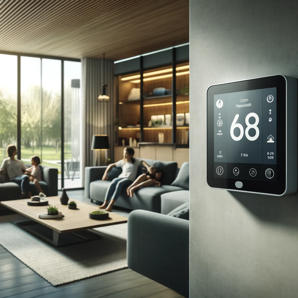 A modern living room with a smart thermostat prominently displayed on a wall. The room is stylish, featuring contemporary furniture and large windows smart thermostat installation ac repair replace smart thermostat replace old thermostat fix ac air conditioner repair