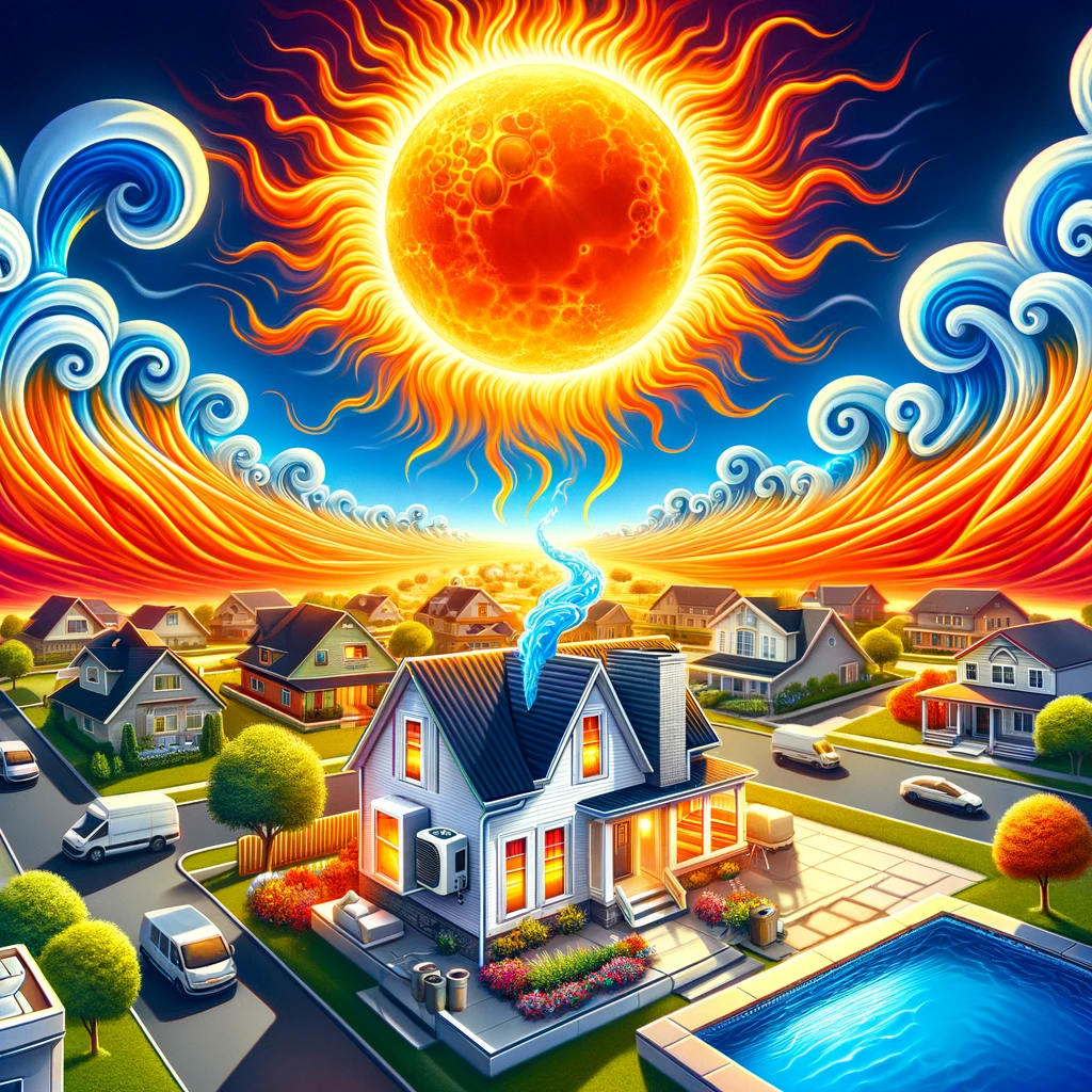 an illustration that captures the intensity of the summer heat, with the hot sun blazing over a suburban neighborhood. This image highlights the challenge of keeping homes cool during the peak of summer and underscores the importance of efficient HVAC systems in maintaining a comfortable indoor environment amidst the extreme temperatures.
