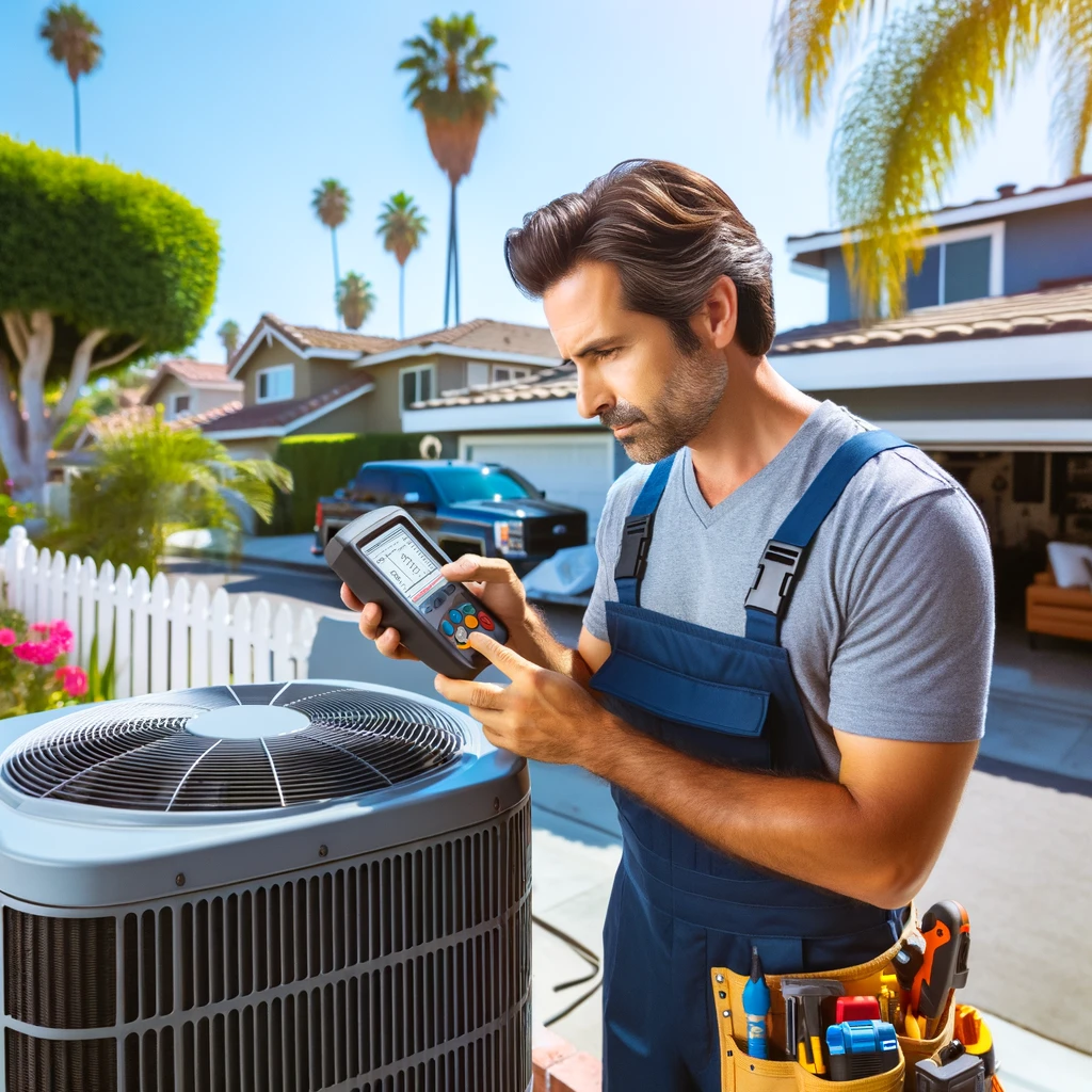 Professional HVAC technician in Los Angeles servicing an outdoor AC unit when AC is not cooling, demonstrating expertise and reliability in air conditioning repair, set against a suburban background with palm trees