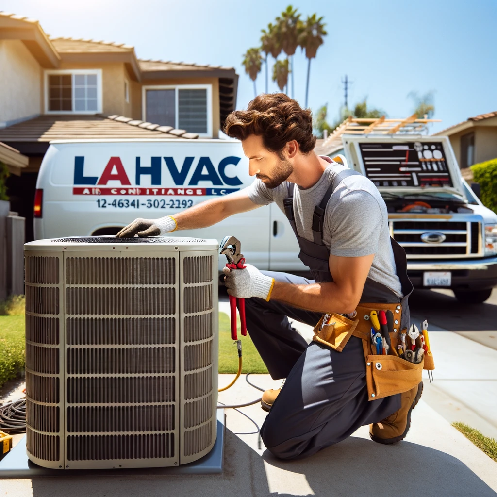 Repair AC, ac repair in los angeles A professional HVAC technician performing maintenance on an air conditioning unit outdoors in a sunny suburban neighborhood of Los Angeles or Pasadena.webp