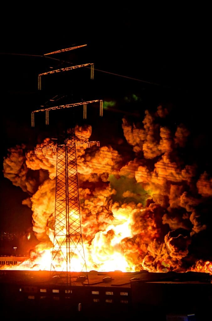 Explosive AC Myth - Can an AC Compressor blow up? 157 A powerful nighttime explosion at a factory with flames and smoke under power lines.
