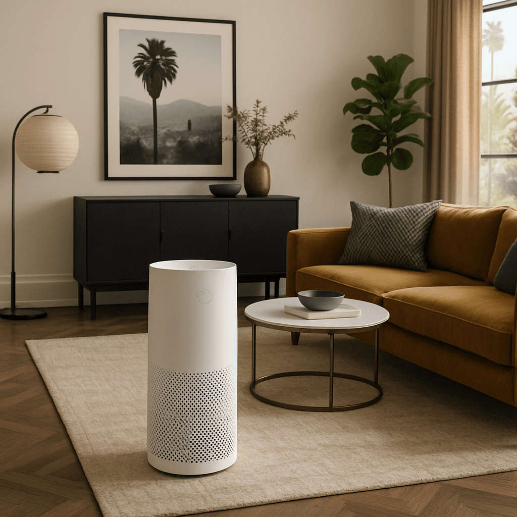Benefits of Using an Air Purifier In Hollywood 1 A modern air purifier in a stylish Hollywood living room