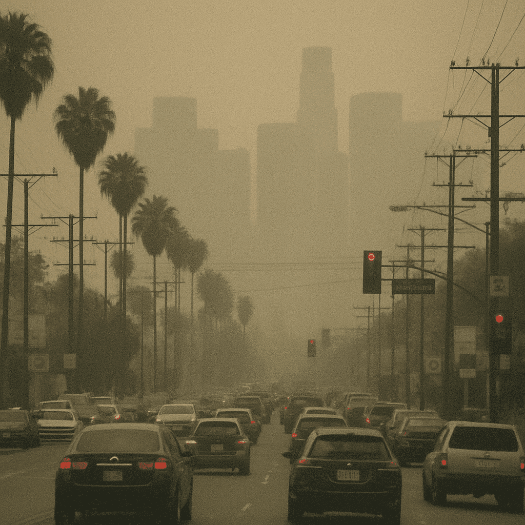 View of a busy street in Los Angeles with visible air pollution