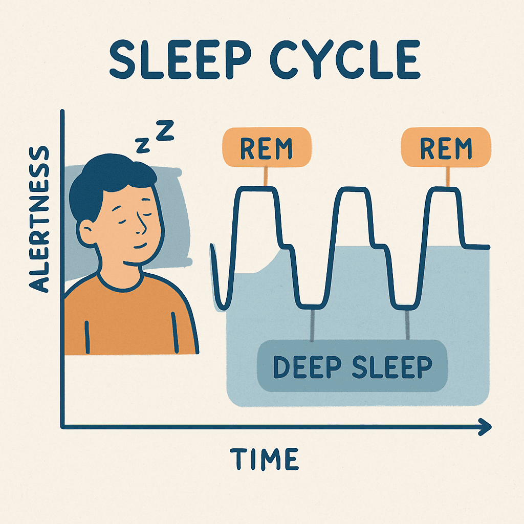 Técnicas efectivas para dormir más rápido esta noche 2 Illustration of the sleep cycle with REM and deep sleep phases