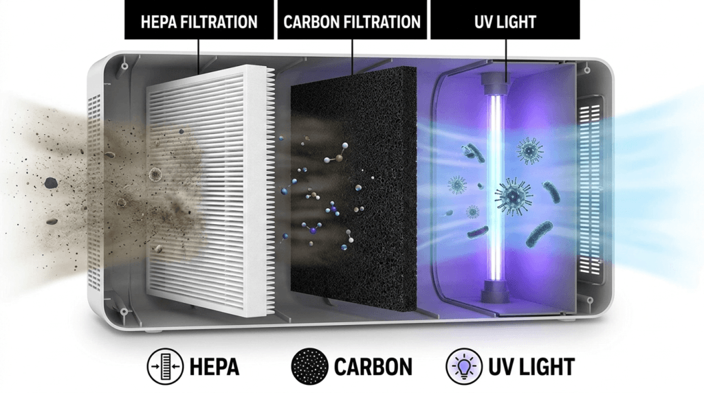 Beneficios de usar un purificador de aire en Hollywood 3 HEPA, carbon and UV light
