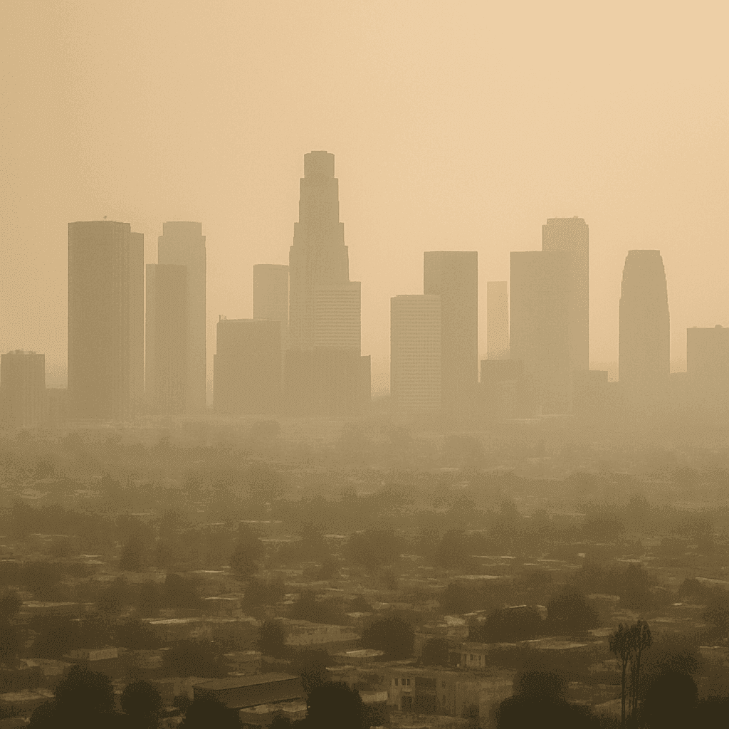 Beneficios de usar un purificador de aire en Hollywood 2 Los Angeles smoggy skyline highlighting air quality concerns