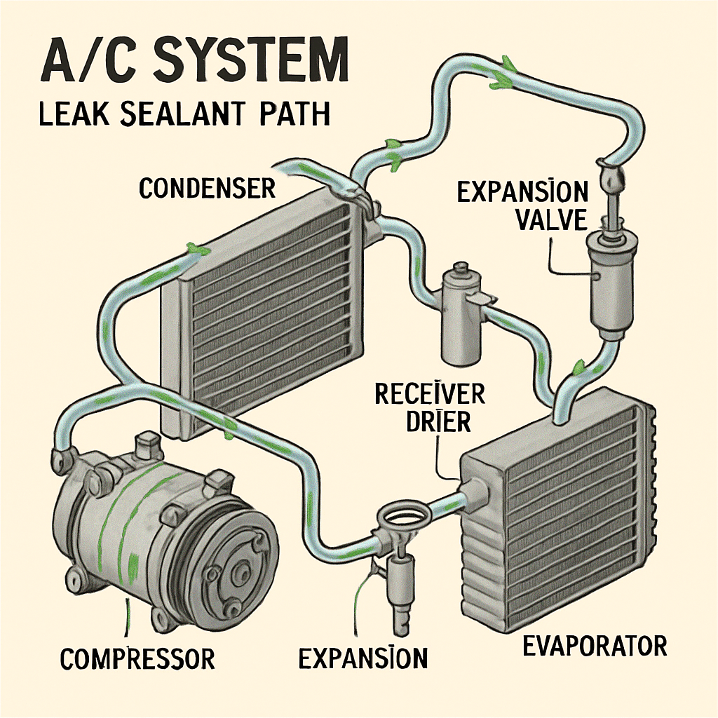 DIY Guide: Using AC Leak Sealers Safely 1 An exploded view of an AC system showing the path of sealants when using AC leak sealers