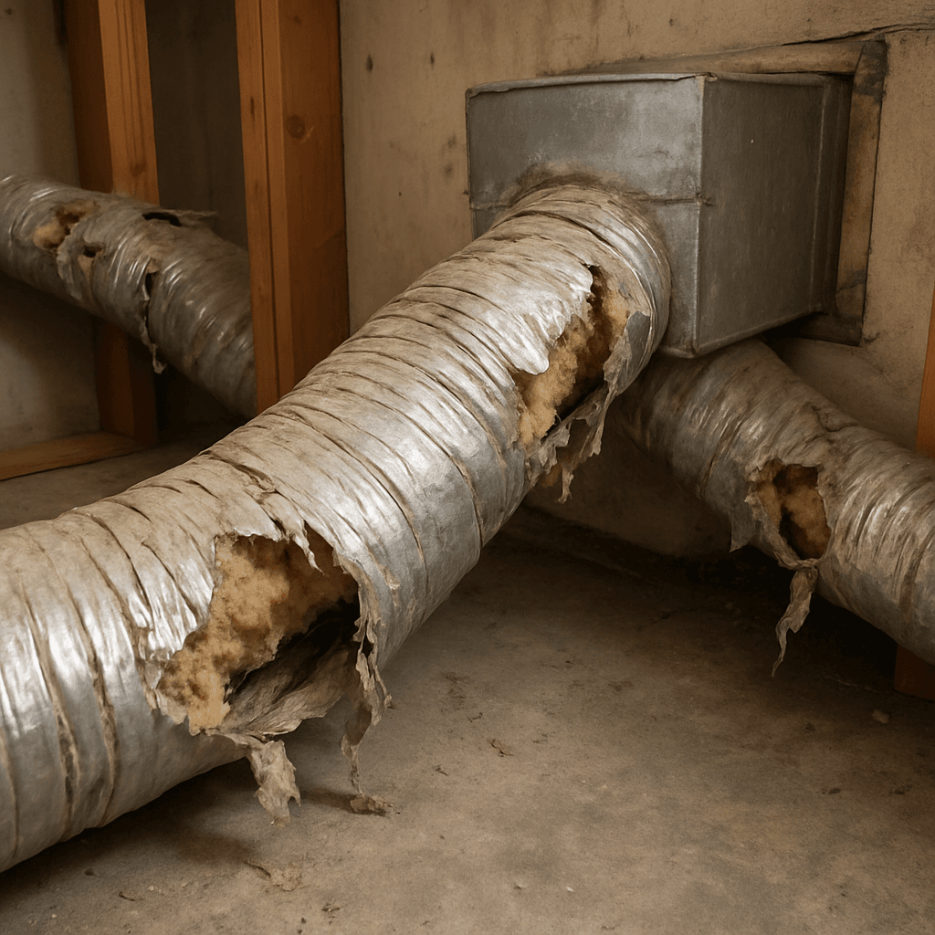 Effective Methods to Seal Leaky Air Ducts 2 Image showing damaged and worn ductwork in a home