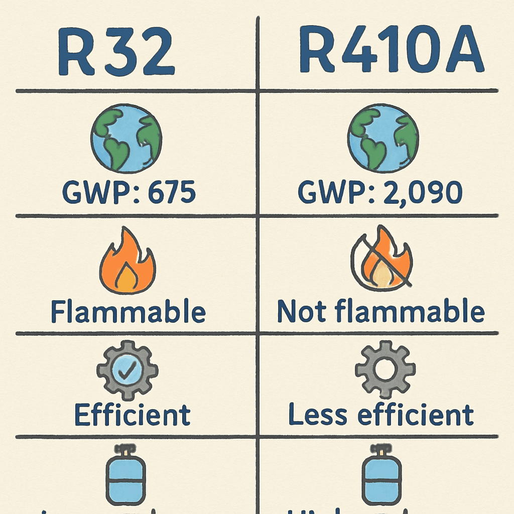 Refrigerante R32 vs. R410A: Diferencias clave 1 LC Heating And Air Conditioning LC Heating And Air Conditioning Emergency Repair Hollywood R32 Refrigerant vs. R410A: Key Differences R32, or difluoromethane, is a refrigerant increasingly used in modern air conditioning systems. Known for its lower environmental impact compared to older refrigerants like R22, R32 is a single-component refrigerant. It has gained popularity due to its high efficiency and significantly lower global warming potential (GWP). While it is praised for these attributes, R32 is mildly flammable, a characteristic that raises safety considerations during its use and handling.