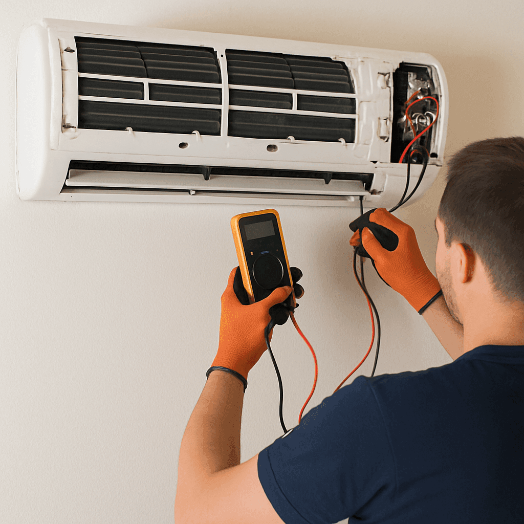 Aire acondicionado: sistemas de gas vs. sistemas eléctricos 3 Electric air conditioner being serviced