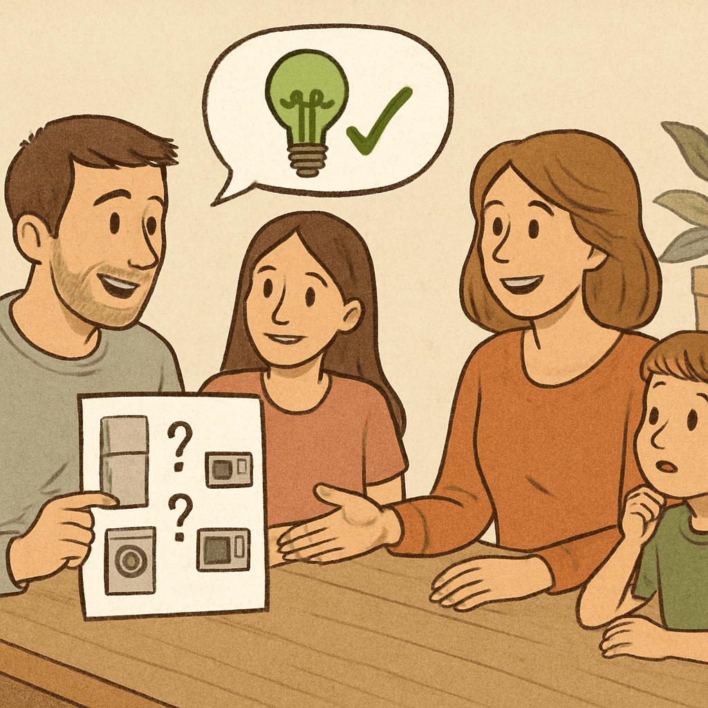 ¿Qué electrodomésticos califican para el crédito fiscal por energía en California? A family discussing energy-efficient appliance options