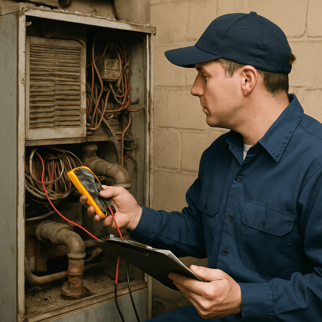 An HVAC technician evaluating an old system for replacement