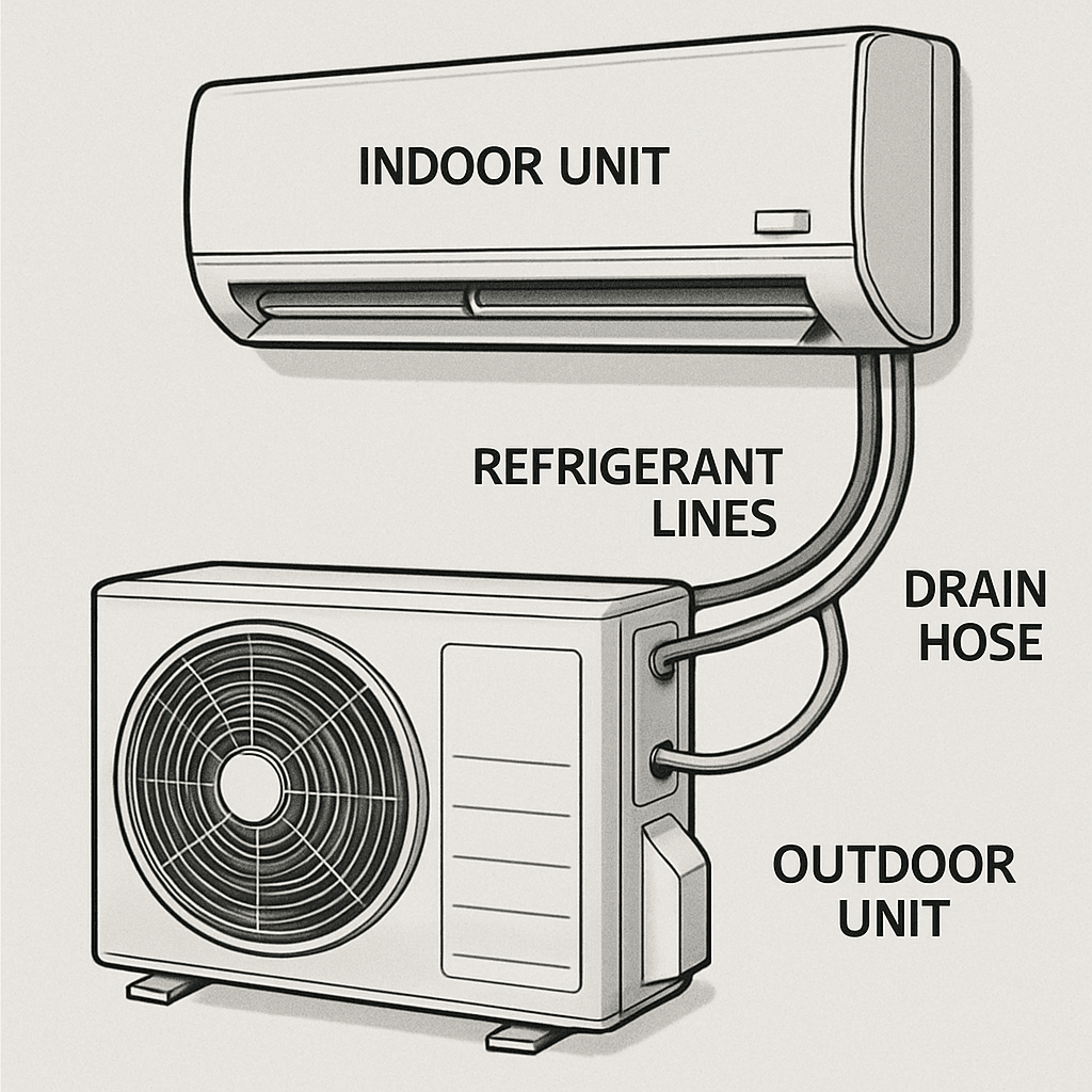 Components of a mini split system, showing the indoor and outdoor units