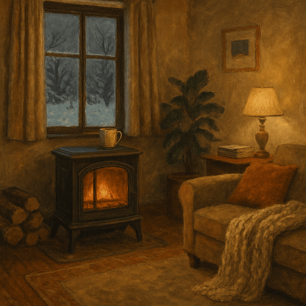 A cozy living room with a working heater during winter
