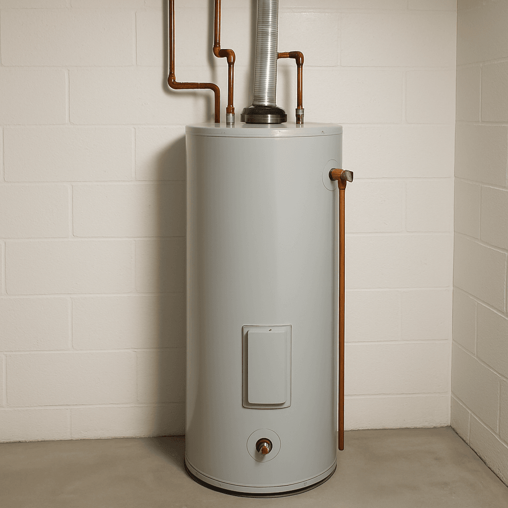 A standard, modern tank-style water heater in a clean utility room