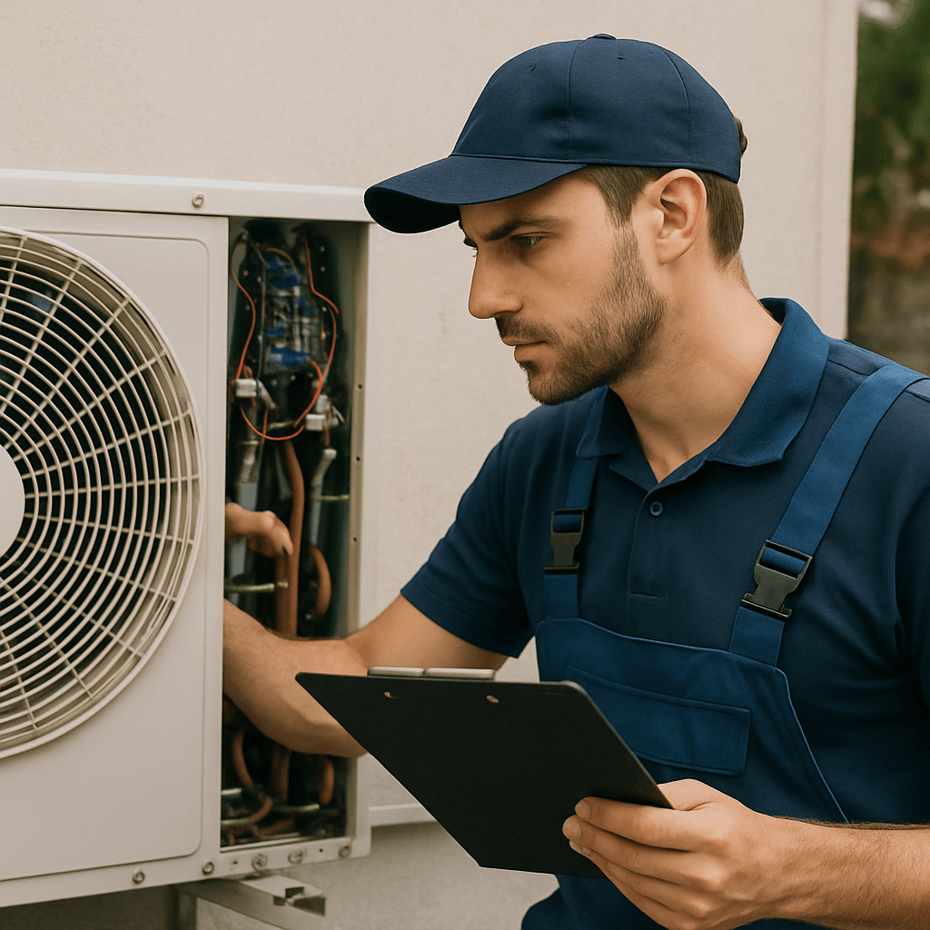 AC technician inspecting an air conditioning unit
