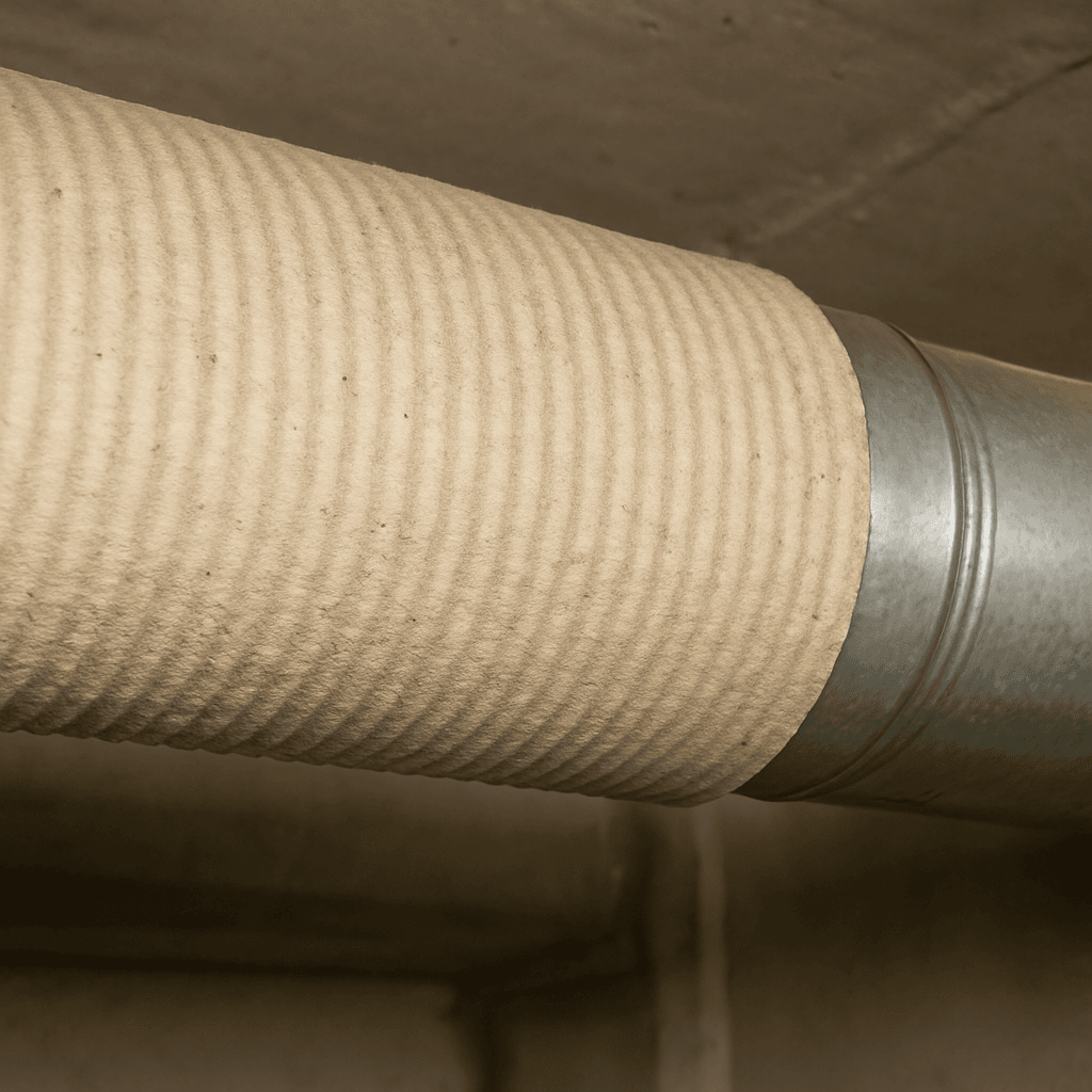 Is Your Duct Wrap Hiding Asbestos Spot the Signs 2 A clear, well-lit photo of intact, corrugated paper-style asbestos wrap on a metal air duct. The wrap is not damaged or flaking